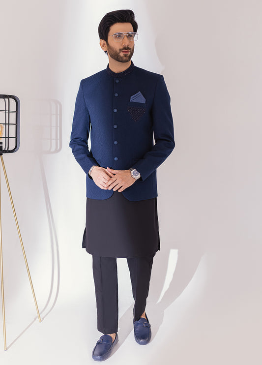 Navy Blue Hand Embroidered Prince Coat