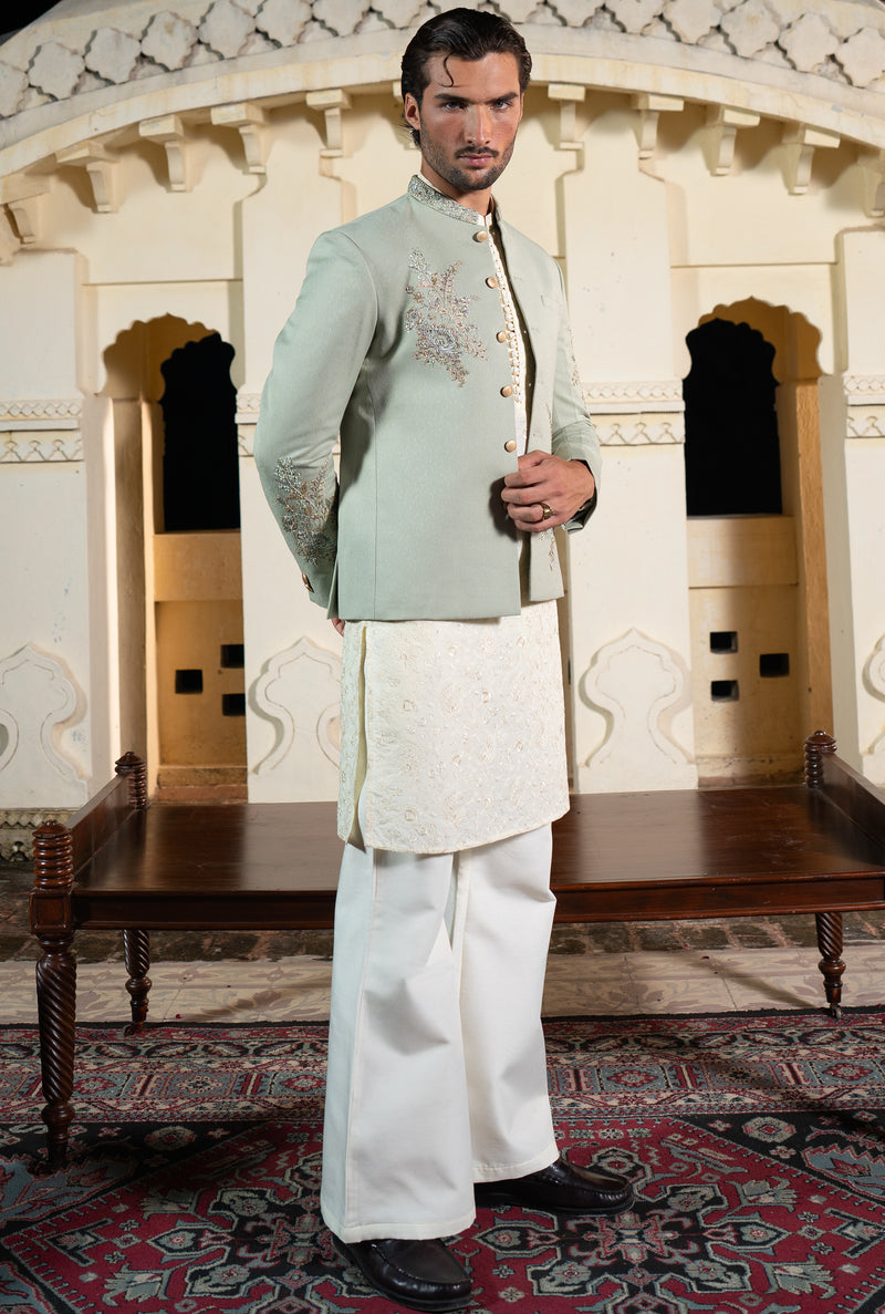 Mint Green Floral Bunch Embroidered Prince Coat S8P-5