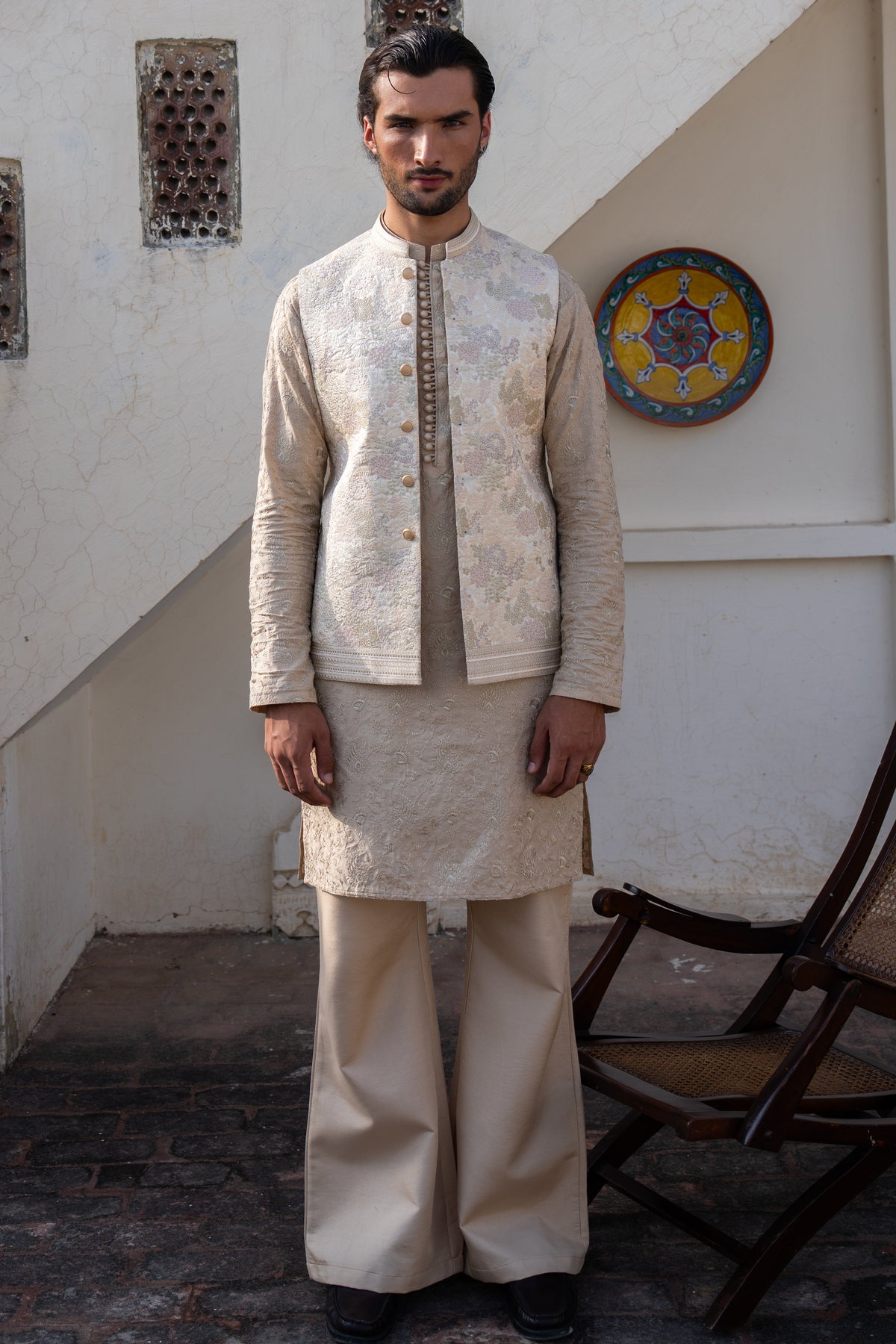 Champagne Gold Embroidered Waist Coat S8W-12