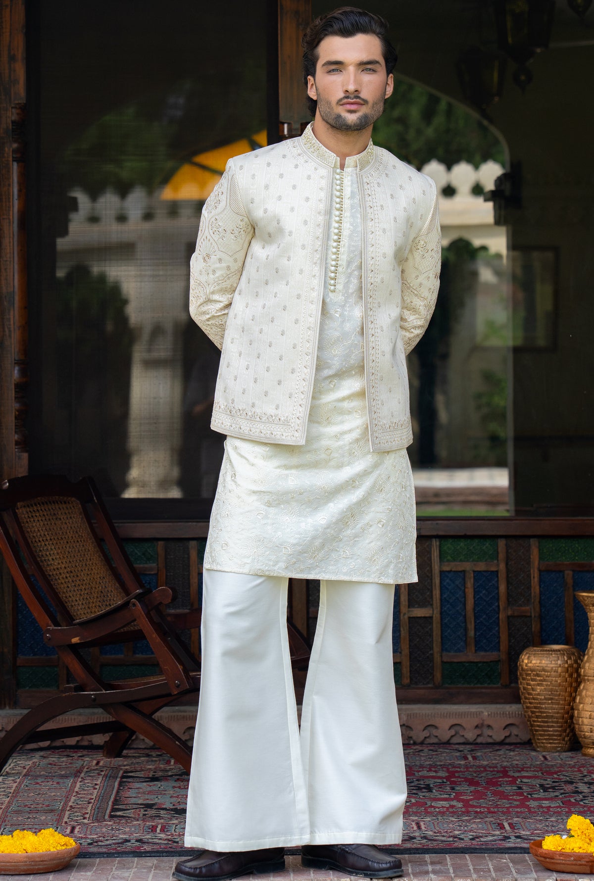 Pearl White Regal Embroidered Prince Coat S8P-2