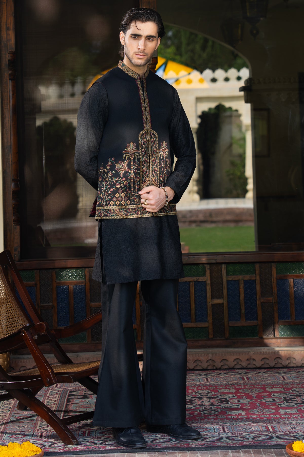 Black Kalamkaar Embroidered Waist Coat S8W-17