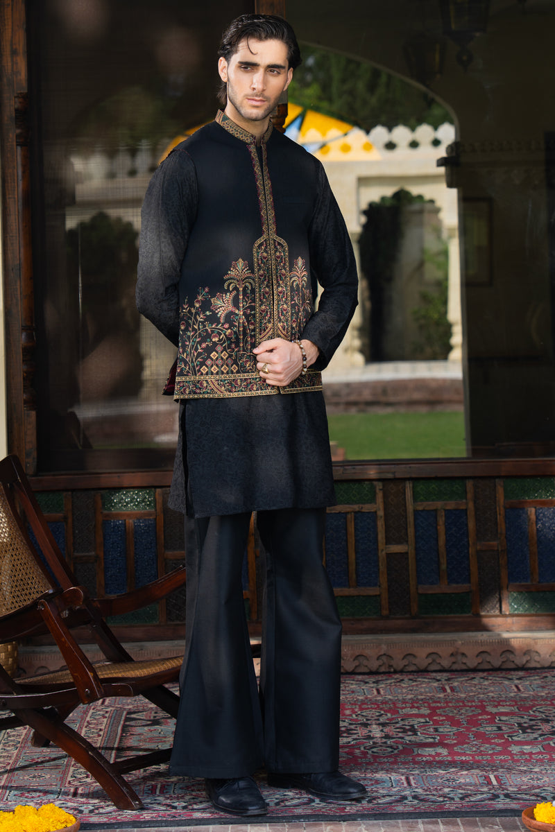 Black Kalamkaar Embroidered Waist Coat S8W-17