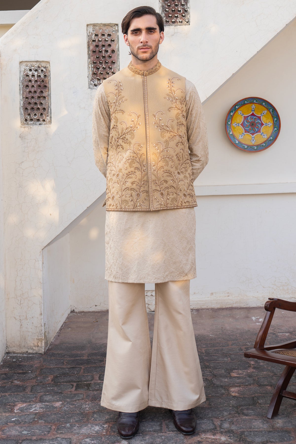 Beige Imperial Vine Embroidered Waist Coat S8W-9