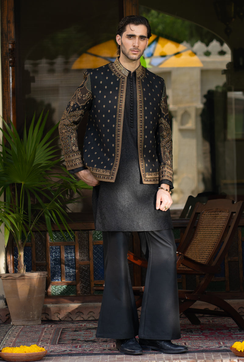 Black Gold Regal Embroidered Prince Coat S8P-1