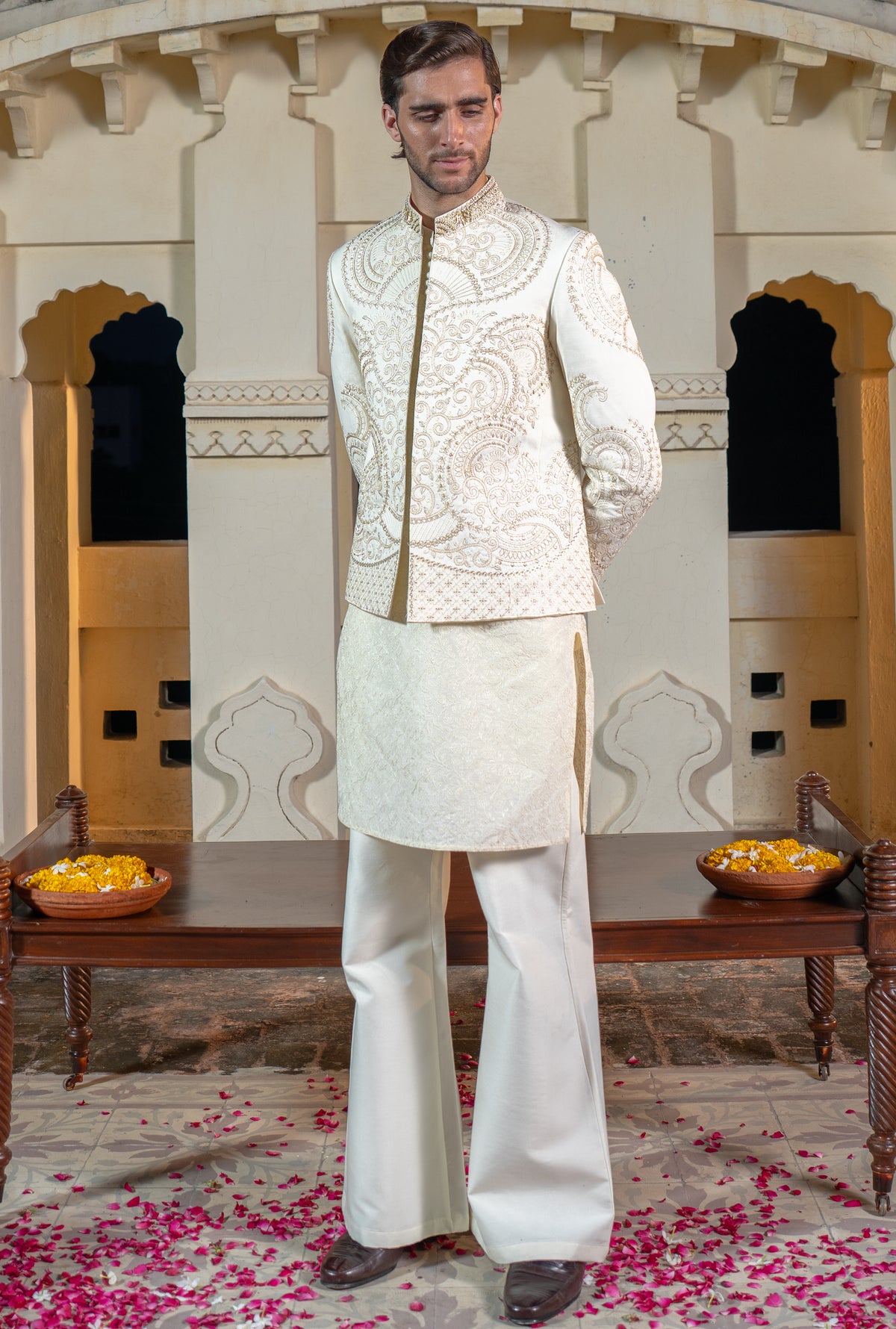 Cream Gold Embroidered Prince Coat S8P-4