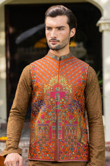 Rust Mughal Arch Embroidered Waist Coat S8W-19