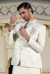 Off White Gold Vine Embroidered Prince Coat S8P-6