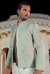 Mint Green Floral Bunch Embroidered Prince Coat S8P-5