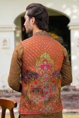 Rust Mughal Arch Embroidered Waist Coat S8W-19