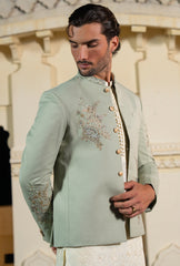 Mint Green Floral Bunch Embroidered Prince Coat S8P-5