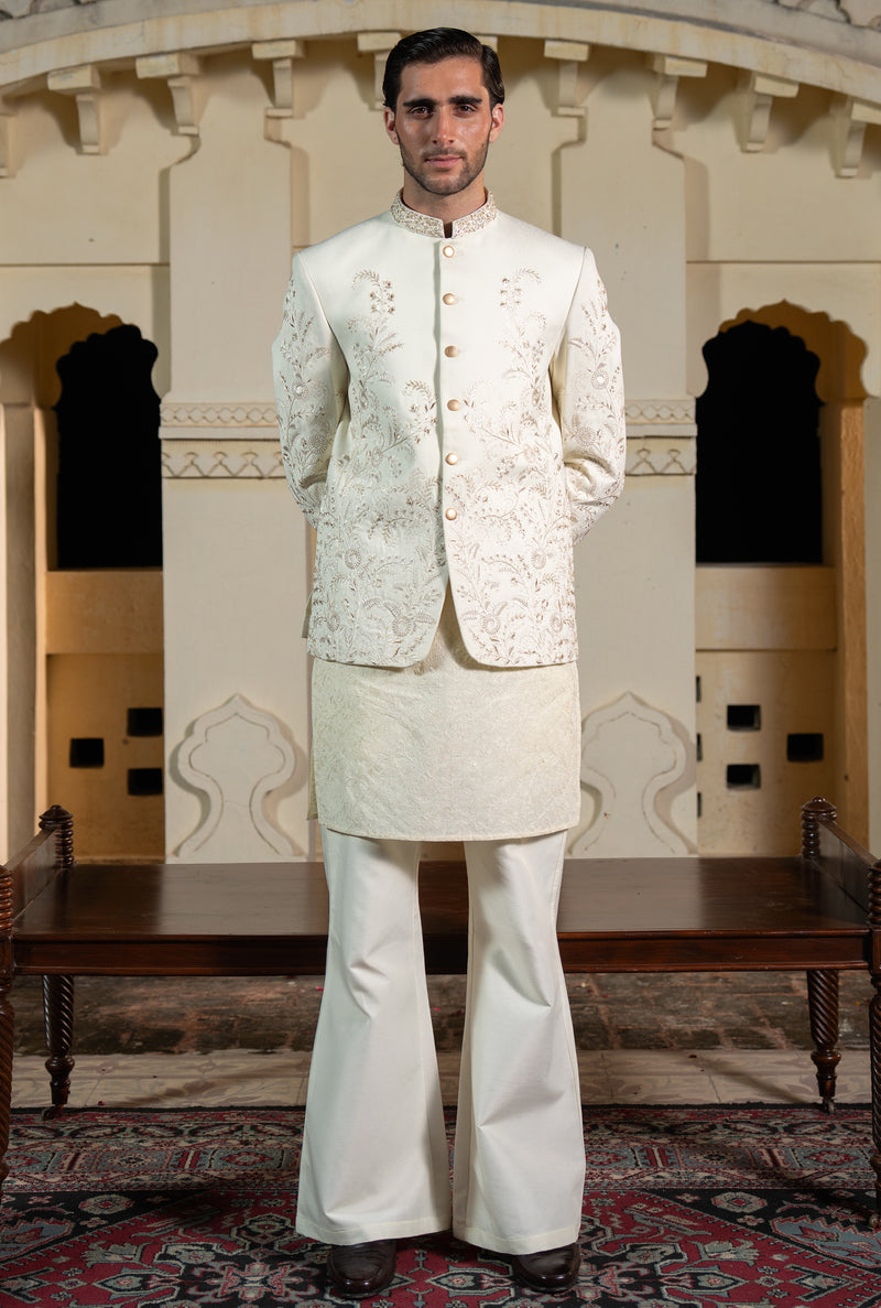 Off White Gold Vine Embroidered Prince Coat S8P-6