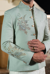 Mint Green Floral Bunch Embroidered Prince Coat S8P-5