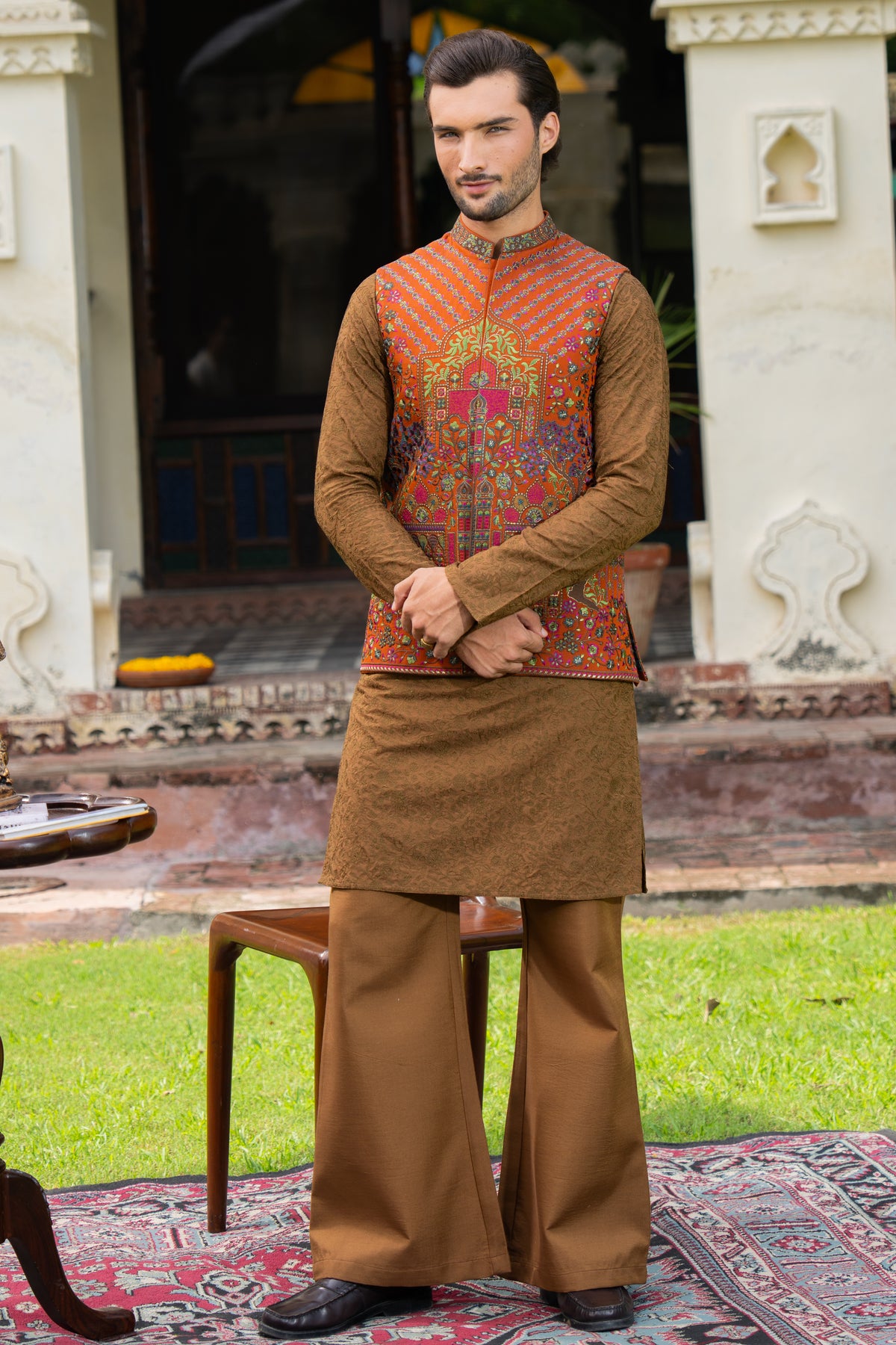 Rust Mughal Arch Embroidered Waist Coat S8W-19