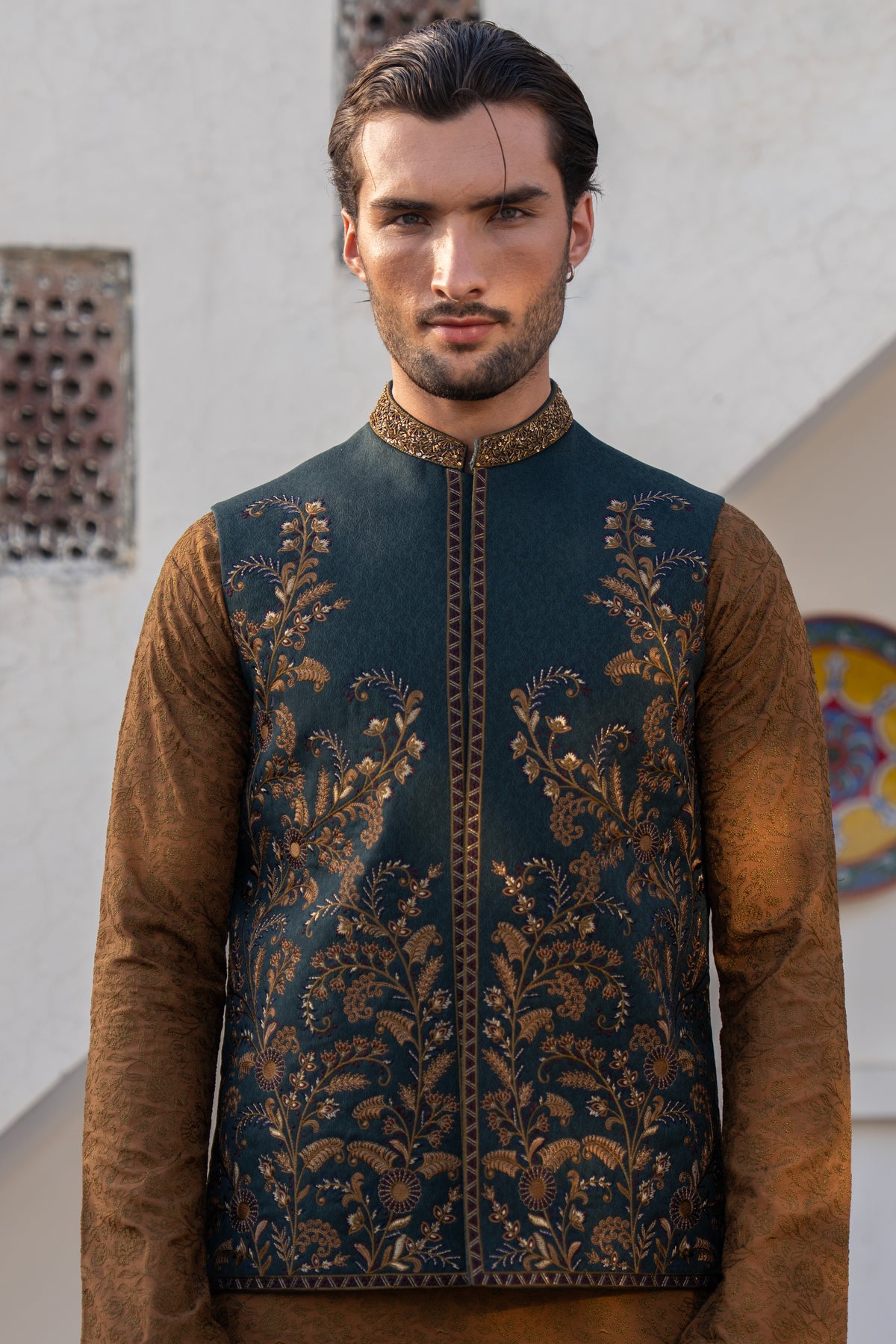 Green Imperial Vine Embroidered Waist Coat S8W-10