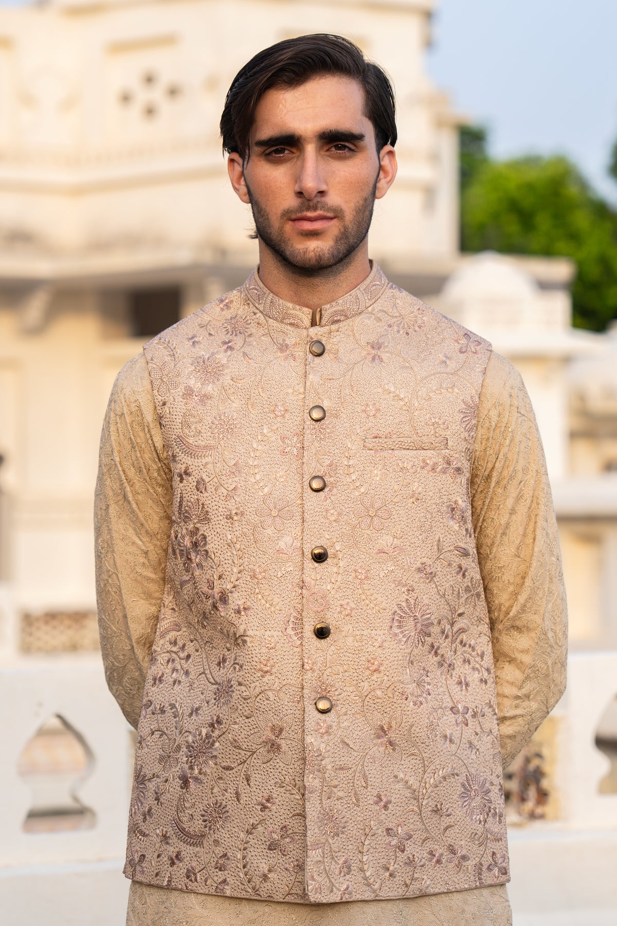 Rose Gold Floral Embroidered Waist Coat S8W-8