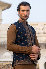 Royal Blue Placket Embroidered Waist Coat S8W-7