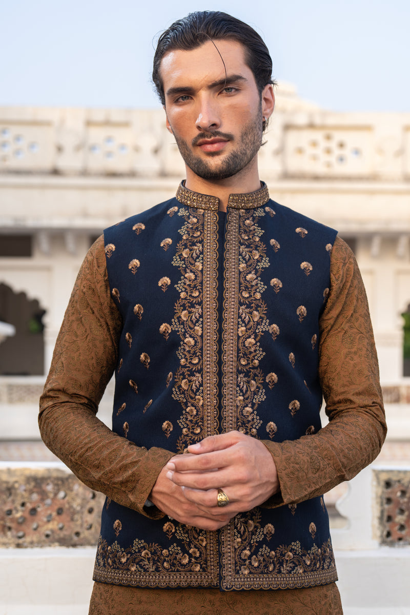 Royal Blue Placket Embroidered Waist Coat S8W-7
