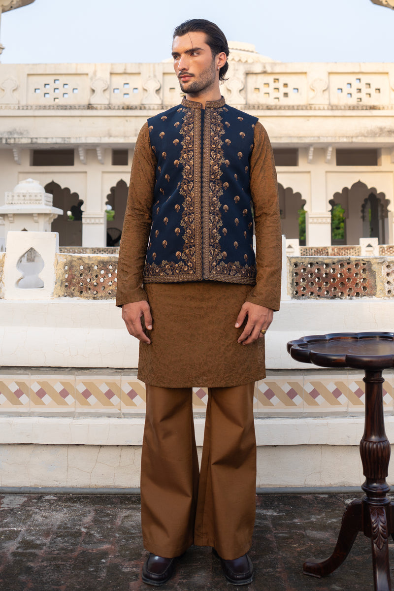 Royal Blue Placket Embroidered Waist Coat S8W-7