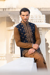 Royal Blue Placket Embroidered Waist Coat S8W-7