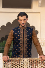 Royal Blue Placket Embroidered Waist Coat S8W-7