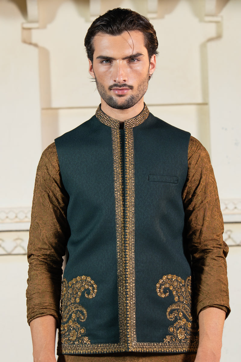 Bottle Green Corner Embroidered Waist Coat S8W-6