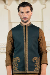 Bottle Green Corner Embroidered Waist Coat S8W-6