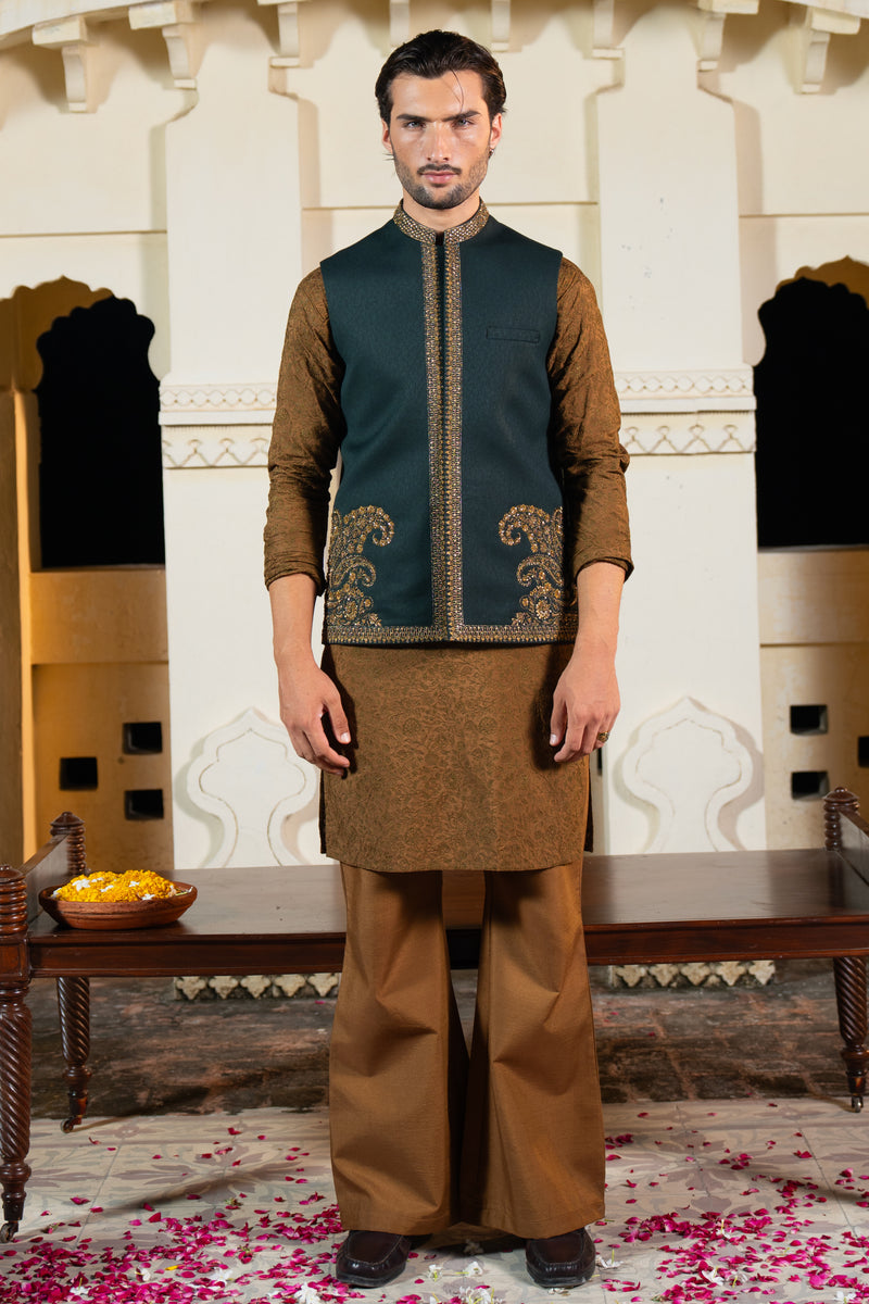 Bottle Green Corner Embroidered Waist Coat S8W-6