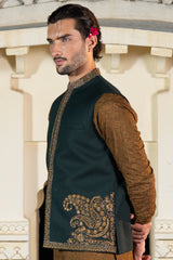 Bottle Green Corner Embroidered Waist Coat S8W-6