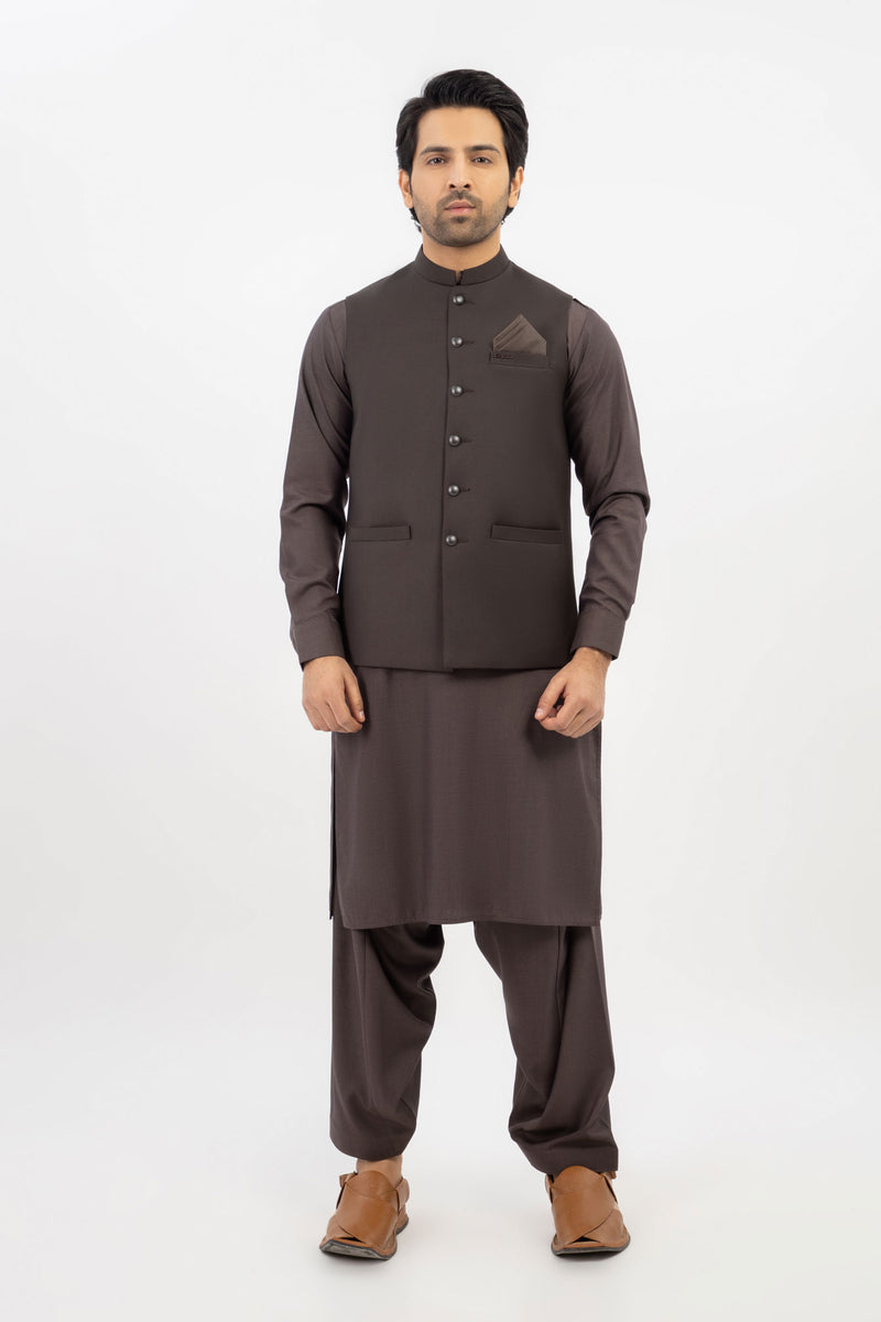 Men Shalwar Kameez With Waistcoat D.Brown/Brown - Stylish Garments