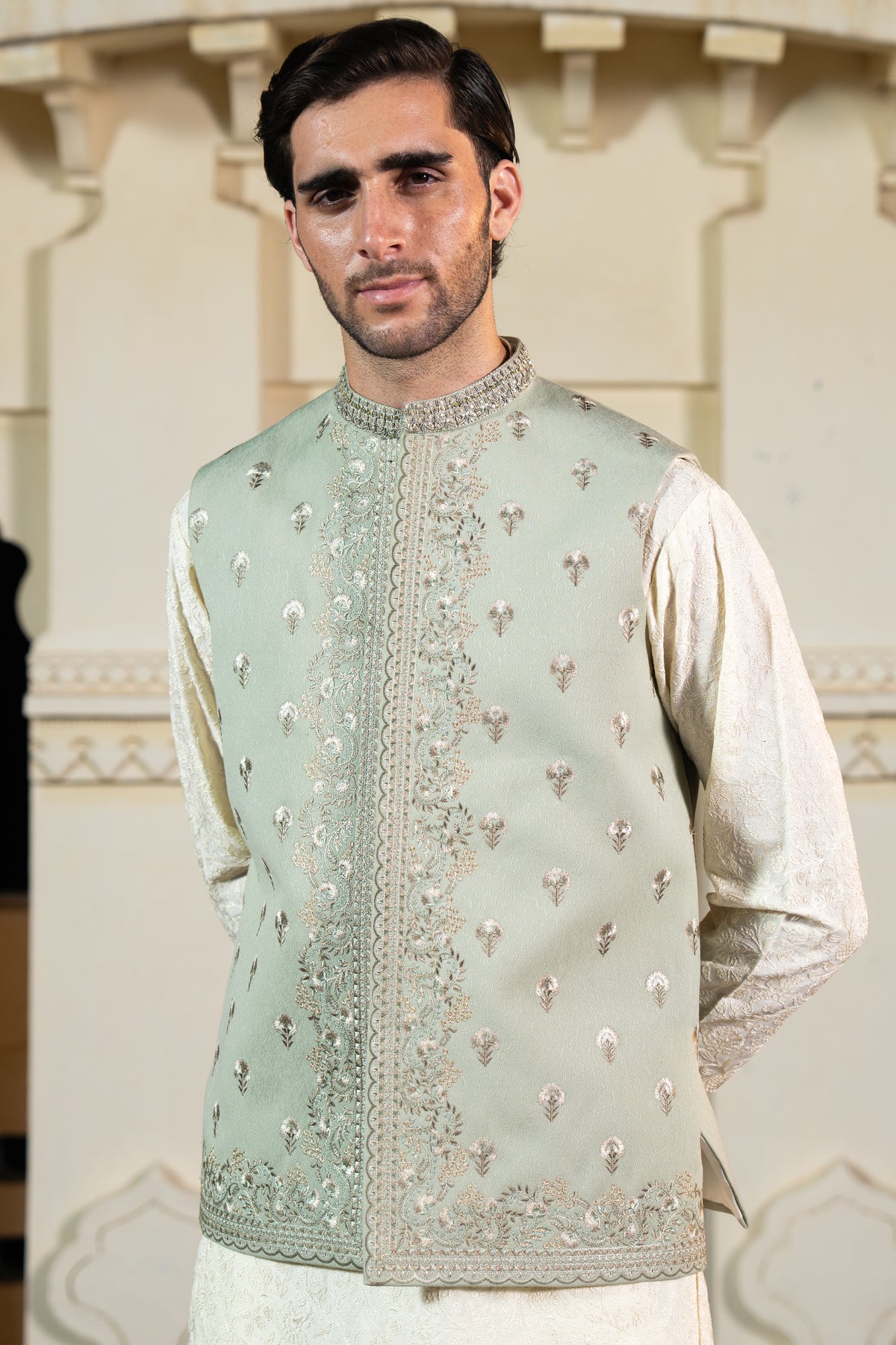 Mint Green Placket Embroidered Waist Coat S8W-5