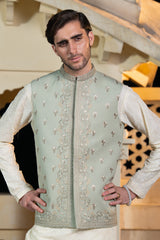 Mint Green Placket Embroidered Waist Coat S8W-5