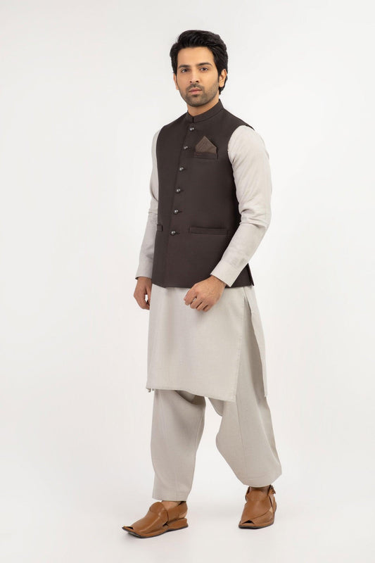 Men Shalwar Kameez With Waistcoat White/ Brown - Stylish Garments