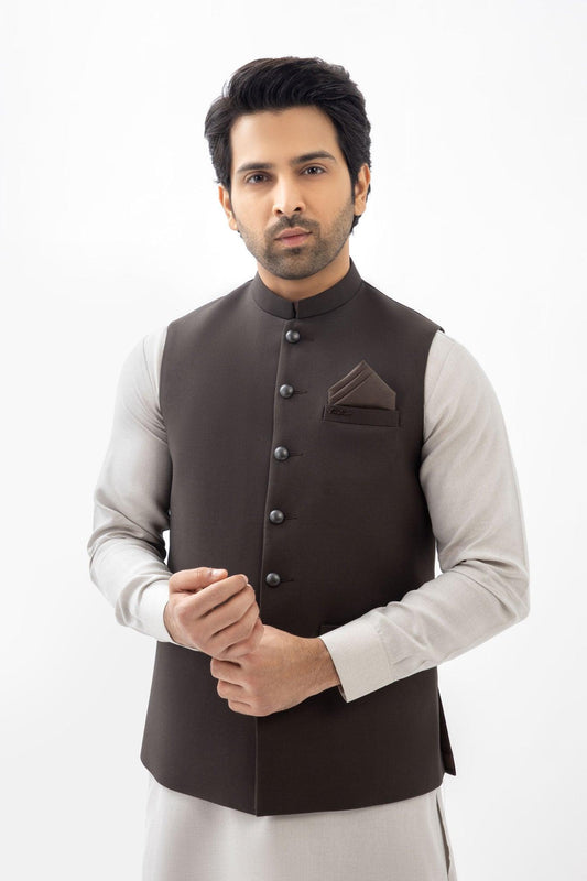 Men Shalwar Kameez With Waistcoat White/ Brown - Stylish Garments