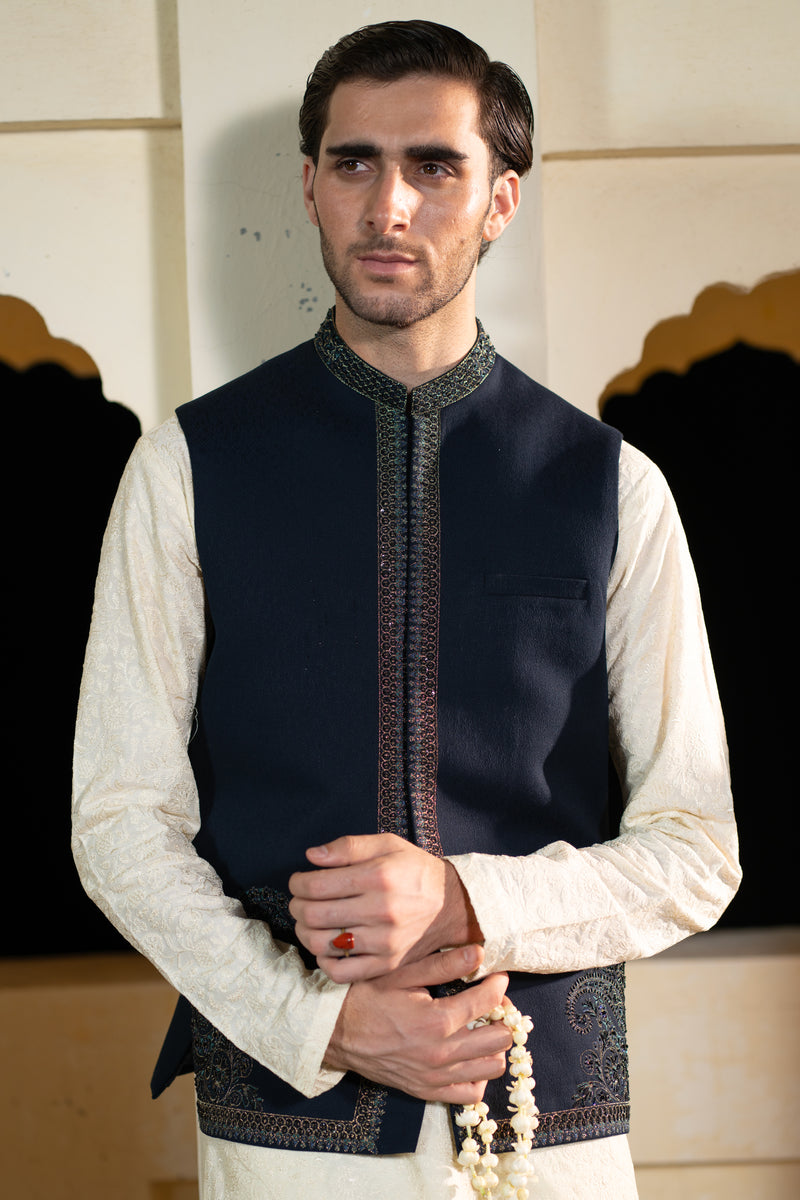 Ink Blue Corner Embroidered Waist Coat S8W-4
