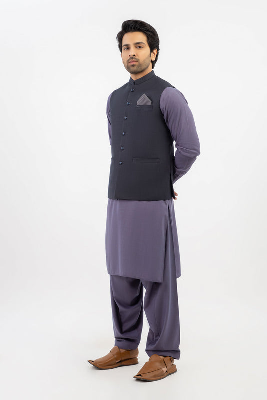 Men Shalwar Kameez With Waistcoat  Purple / Black - Stylish Garments