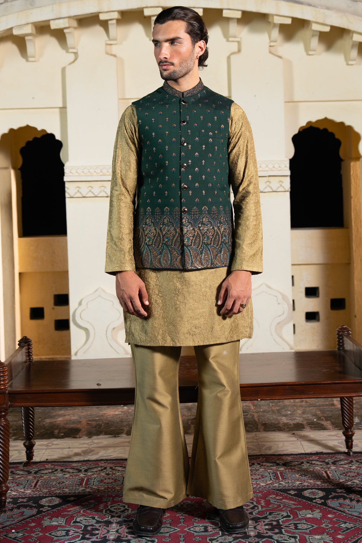 Forest Green Paisley Embroidered Waist Coat S8W-3