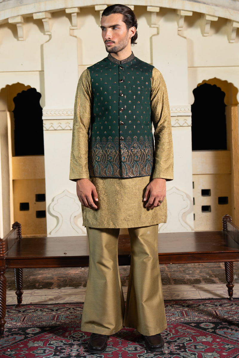 Forest Green Paisley Embroidered Waist Coat S8W-3
