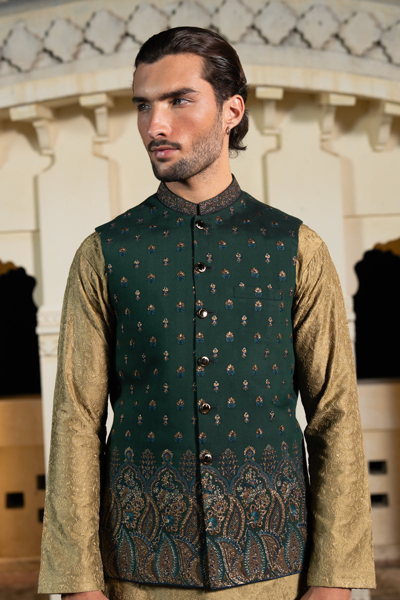 Forest Green Paisley Embroidered Waist Coat S8W-3