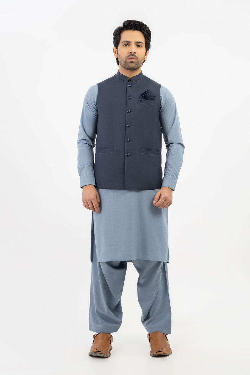 Men Shalwar Kameez With Waistcoat Sky Blue/ D.Grey - Stylish Garments