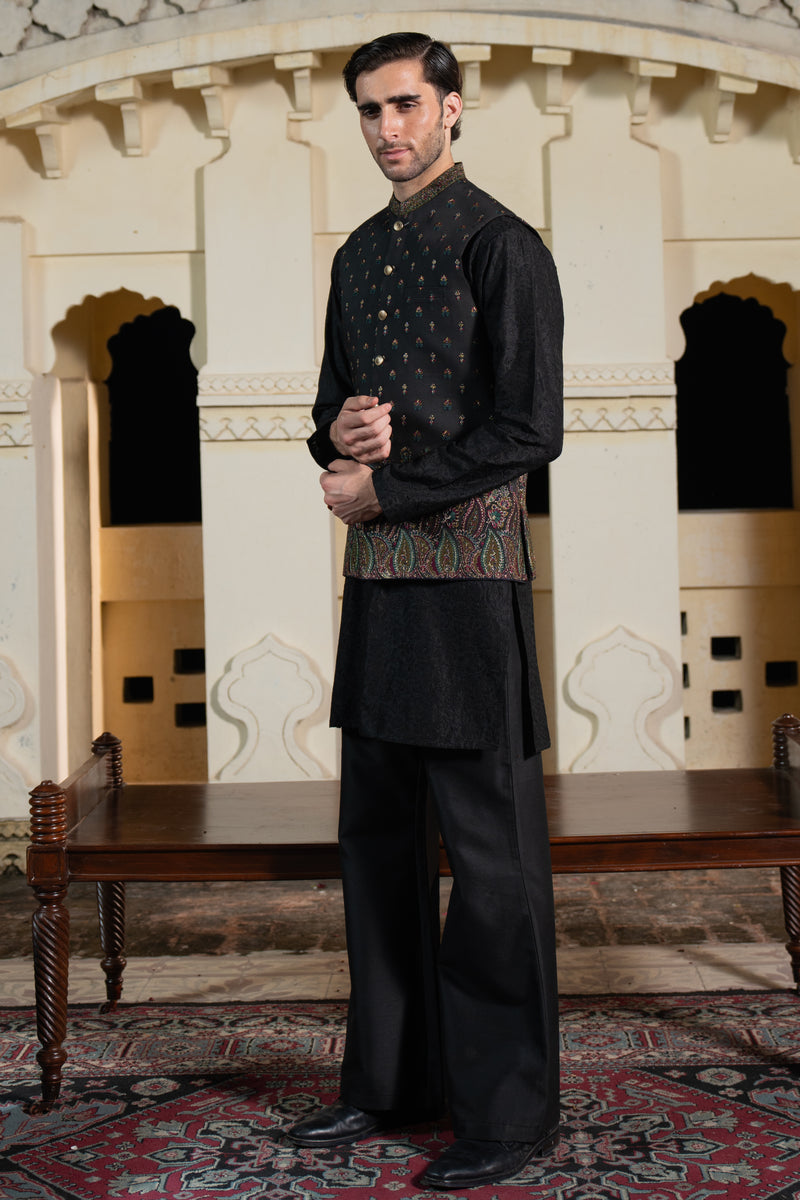 Mid Night Black Paisley Embroidered Waist Coat S8W-2