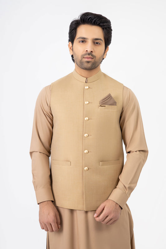 Men Shalwar Kameez With Waistcoat L.Golden - Stylish Garments