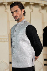 Silver Metallic Floral Embroidered Waist Coat S8W-1