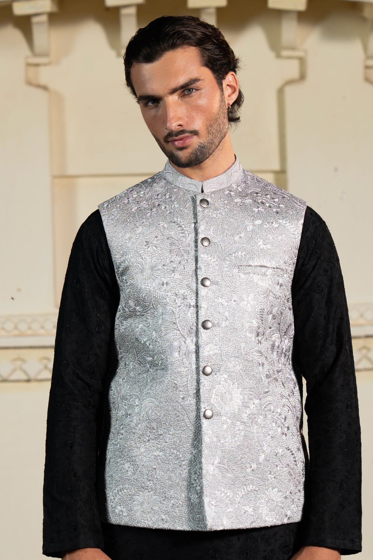Silver Metallic Floral Embroidered Waist Coat S8W-1
