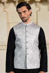 Silver Metallic Floral Embroidered Waist Coat S8W-1
