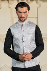 Silver Metallic Floral Embroidered Waist Coat S8W-1
