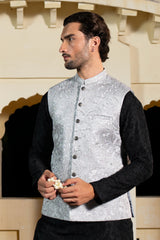 Silver Metallic Floral Embroidered Waist Coat S8W-1