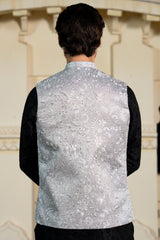 Silver Metallic Floral Embroidered Waist Coat S8W-1