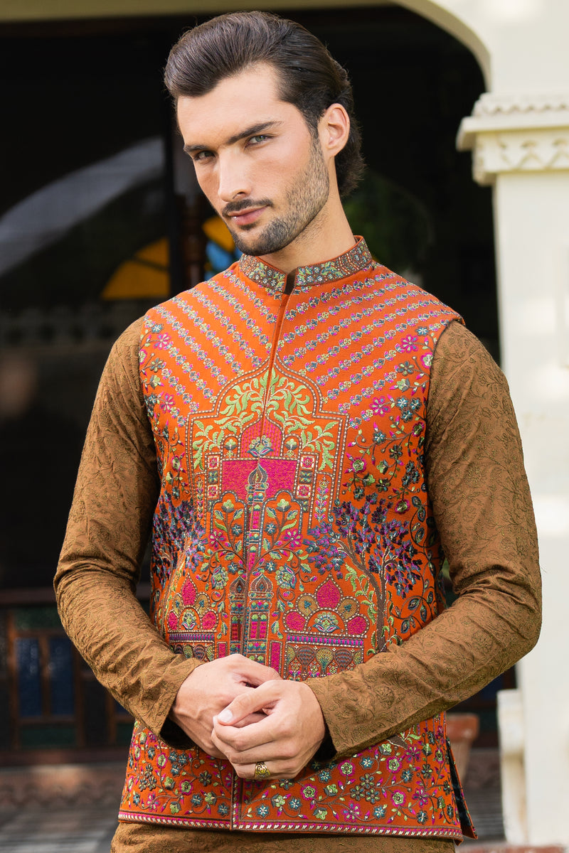 Rust Mughal Arch Embroidered Waist Coat S8W-19