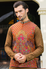 Rust Mughal Arch Embroidered Waist Coat S8W-19