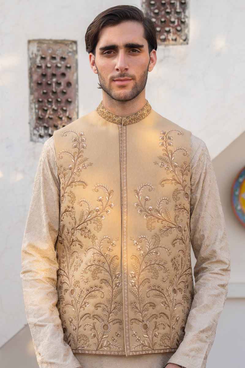 Beige Imperial Vine Embroidered Waist Coat S8W-9